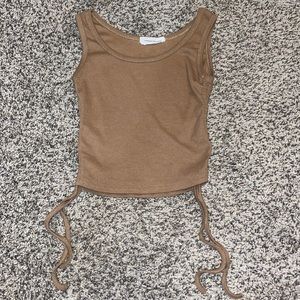 Brown tank with ruched sides and ties